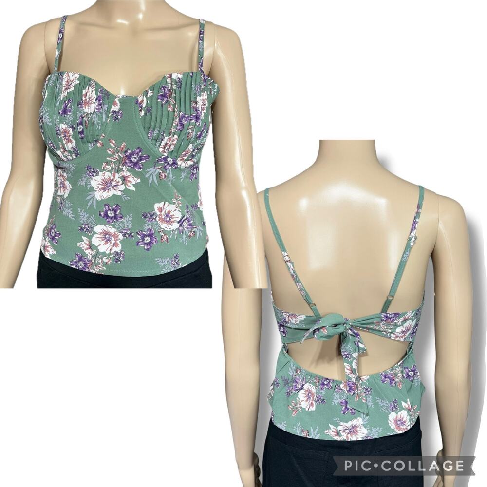 Blush BJ Green Floral Bustier Crop Top Underwire Tie Back Cottagecore Small
